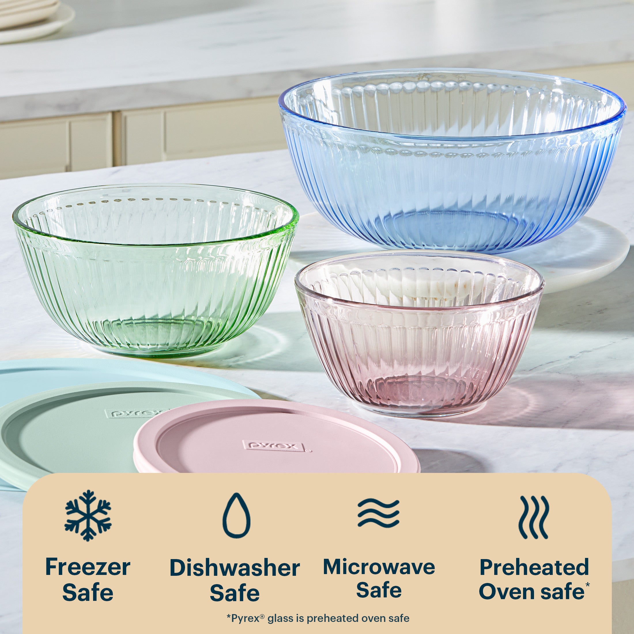 Pyrex? Sculpted Tinted Glass Mixing Bowls with Lids. 6-pc Set. Mixed Colors - Image 4