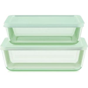 Pyrex? Simply Store? Tinted 4-piece Rectangle Storage Set with Green Plastic Lids