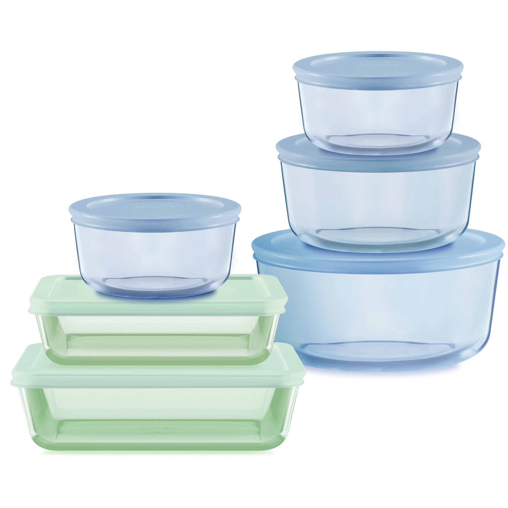 Pyrex® Simply Store® Tinted 12-piece Storage Set with Plastic Lids. Green and Blue